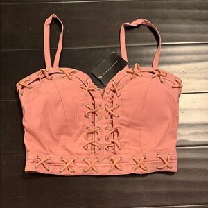 Women's Pink Lace-Up Crop Top